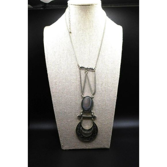 Long Silver Tone Faux Abalone Glass Stone Pendant Multi Tier Statement Necklace - Picture 3 of 5